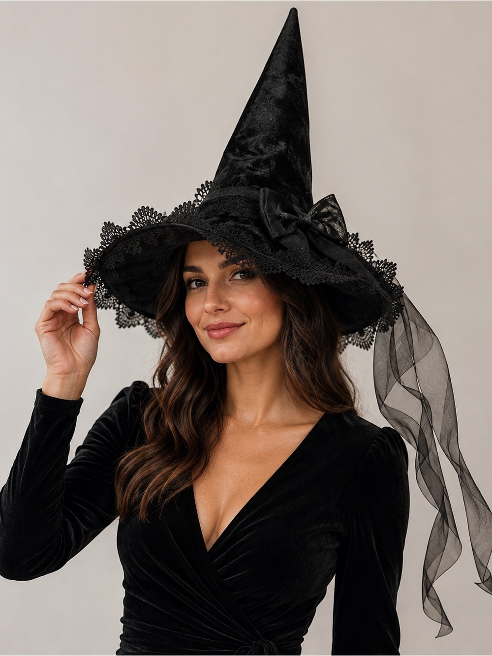 Brand New Black Velvet Witch Hat Lace Bow Wide Brim Halloween Costume